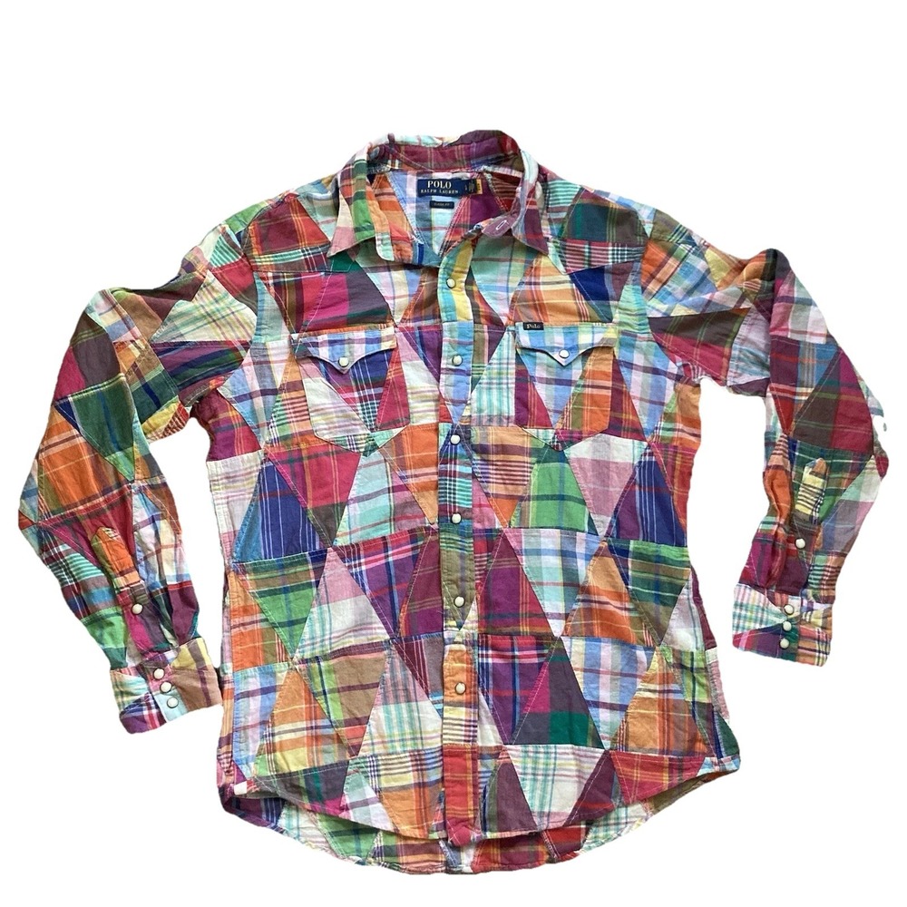 Polo Ralph Lauren Long-Sleeve Patchwork Madras Sport Shirt Large Pearl Snap Mens